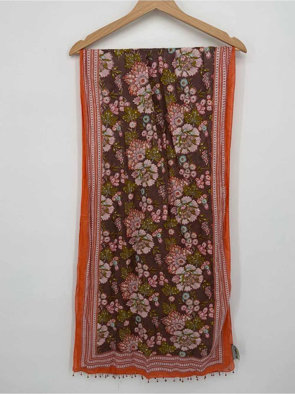Brown Floral Print Scarf Long Beaded Fringe Boho Wrap Accessory Orange
